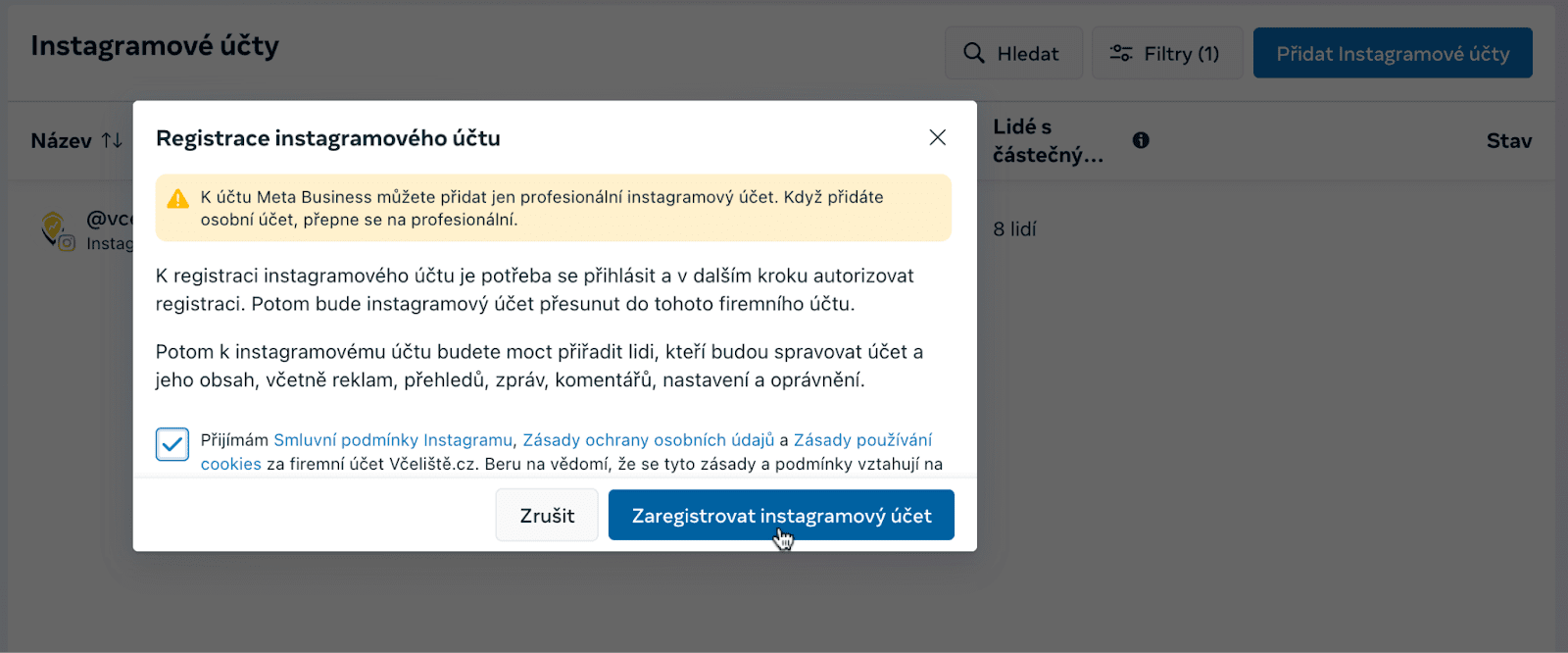 Upozornění na přepnutí z osobního na profesionální účet při registraci firemního účtu na Instagramu.