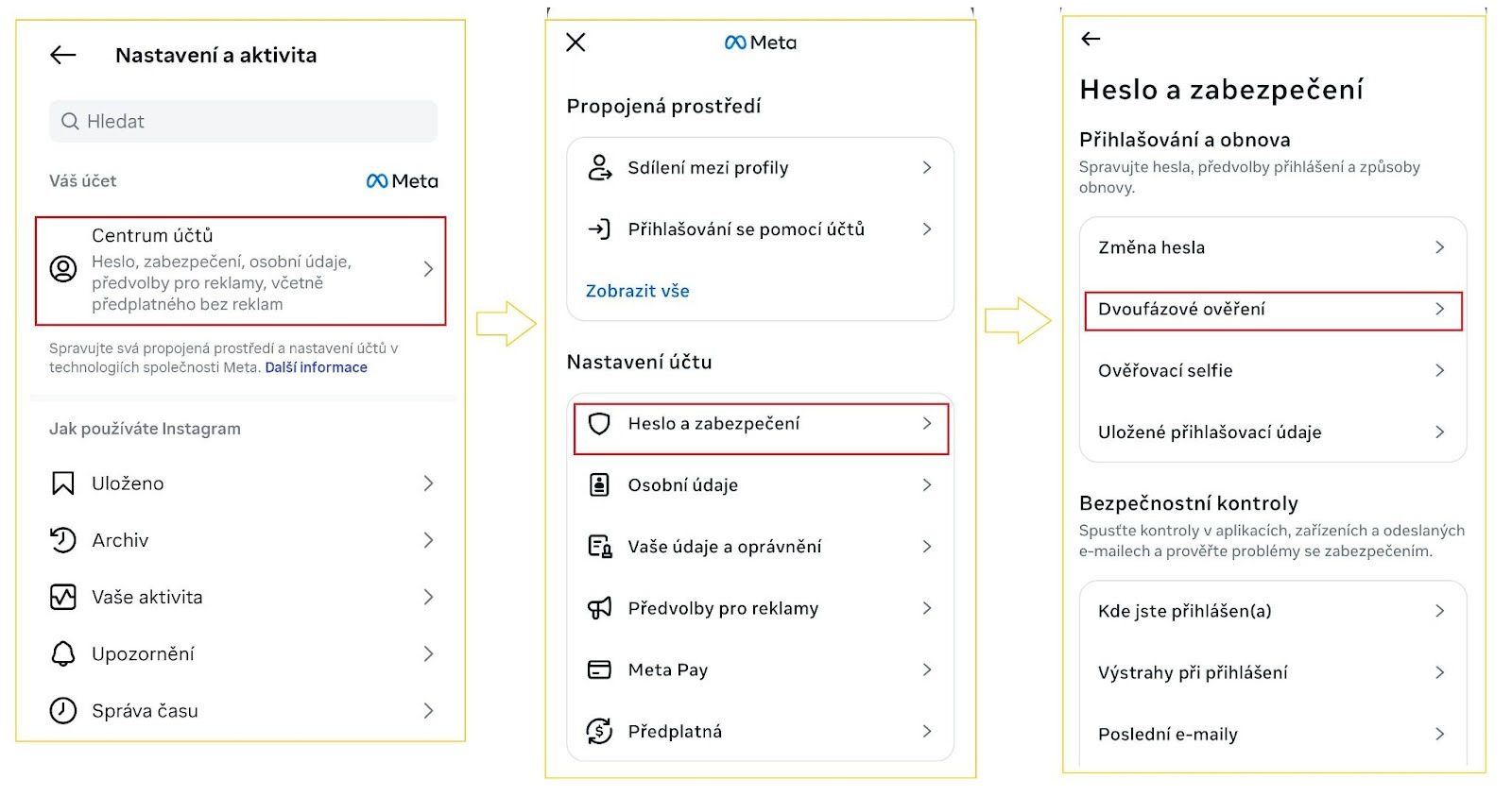 Nastavení účtu na Instagramu s důrazem na heslo a zabezpečení, včetně dvoufázového ověření.