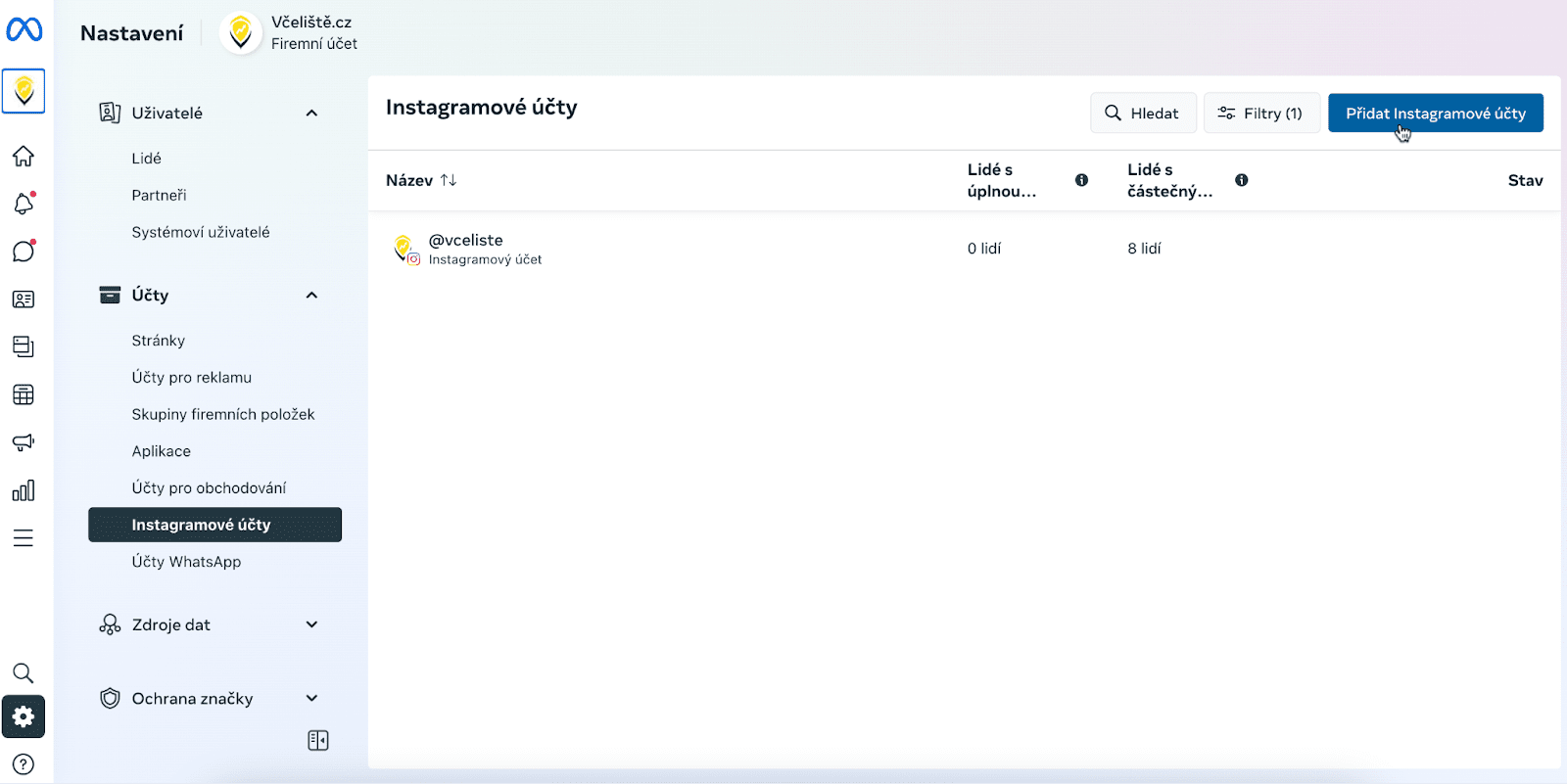 Rozhraní pro správu firemního účtu na Instagramu s možností přidat nový účet