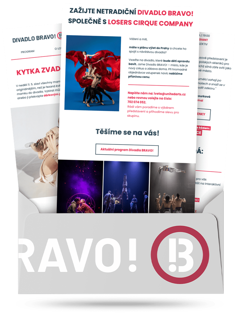 Leták Divadla BRAVO s programem a vystoupením Losers Cirque Company.