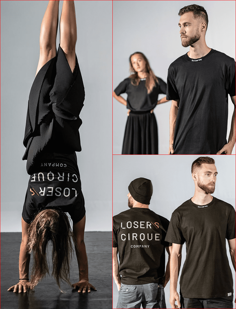 Akrobatka ve stojce a modely v černém oblečení s logem Loser Cirque Company.