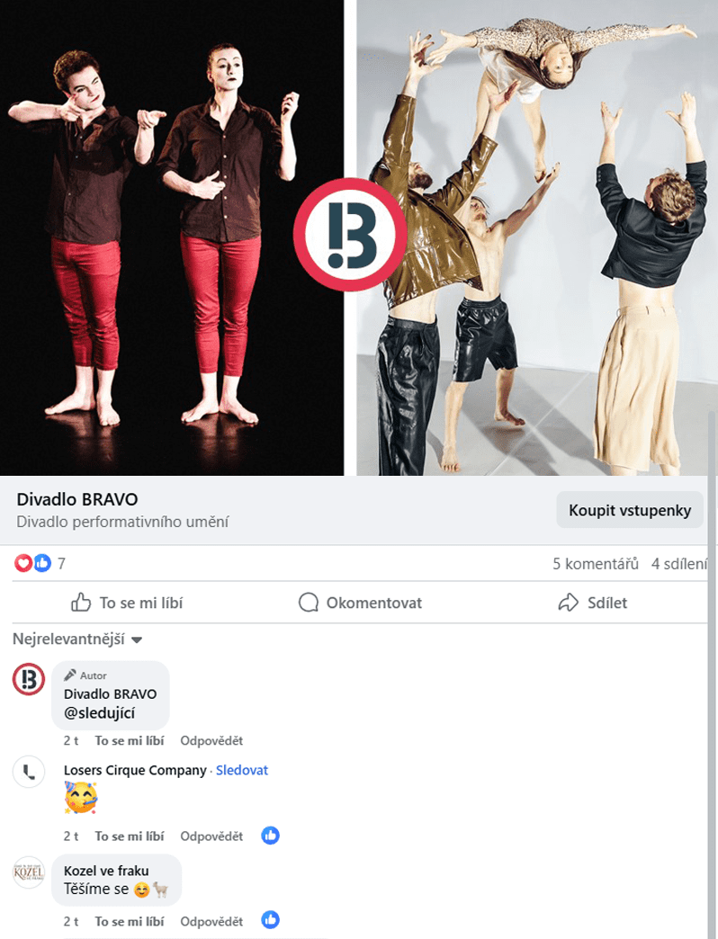 Ukázka spolupráce Divadla BRAVO s umělci na jevišti a akrobaty ve vzduchu.