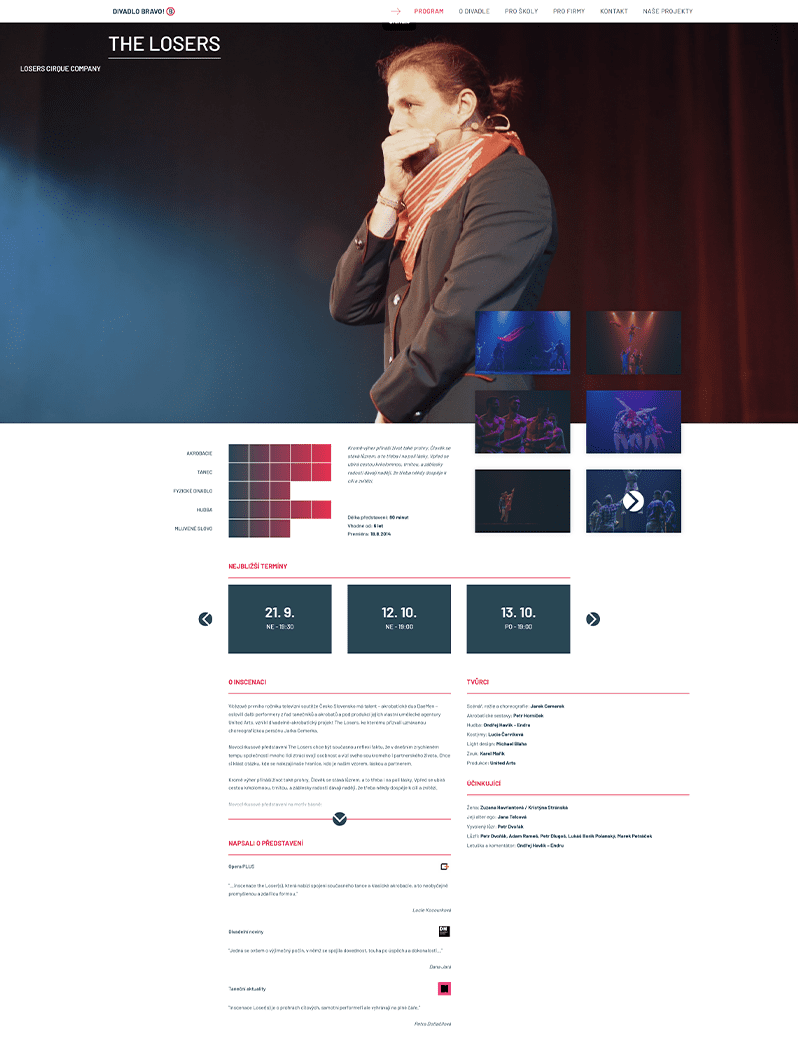 Ukázka spolupráce Divadlo BRAVO s The Losers Cirque Company na webové stránce.