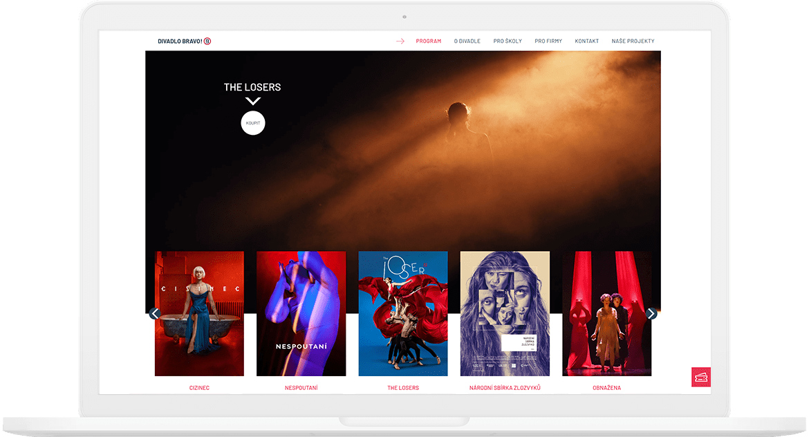 Webová stránka Divadla BRAVO s programem představení a vizuály inscenací.