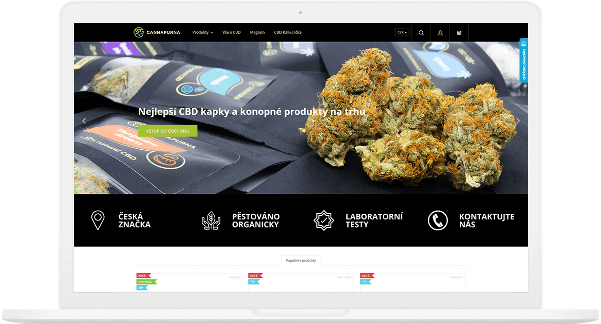 Úvodní obrázek webu Cannapurna s CBD produkty a konopnými květy na černém pozadí.