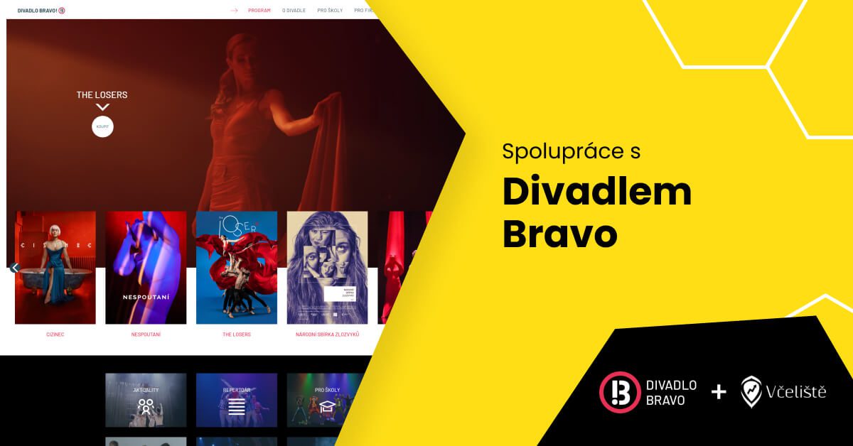 Spolupráce s Divadlem Bravo, zobrazení webové stránky s programem a vizuály představení.