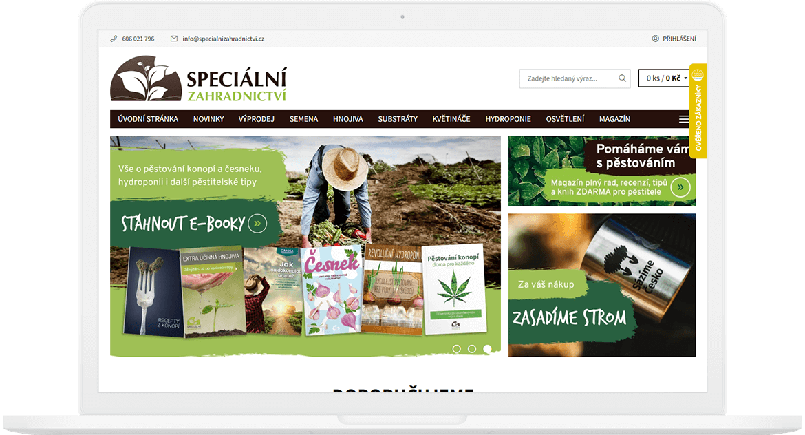 Úvodní stránka Speciální zahradnictví s nabídkou e-booků o pěstování konopí a česneku, hydroponii a dalšími pěstitelskými tip