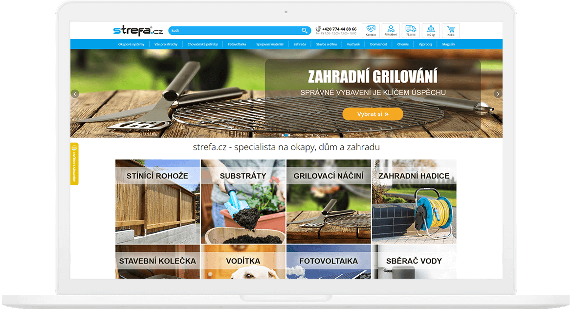 Úvodní obrazovka webu Strefa.cz s nabídkou zahradního grilování a dalšího vybavení pro zahradu.