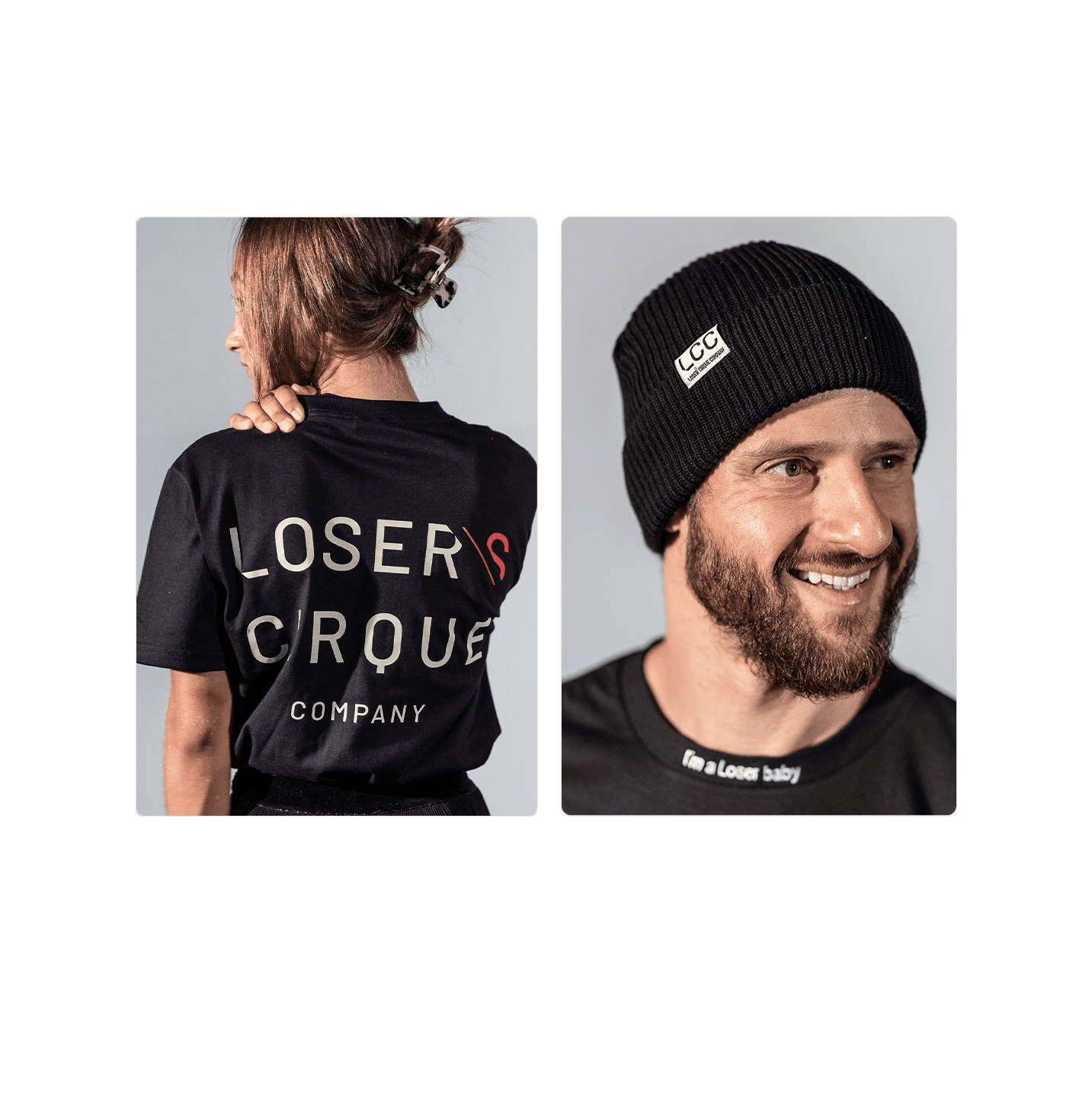 Osoba v tričku a čepici s nápisem Loser Cirque Company, zaměřeno na branding a marketing.