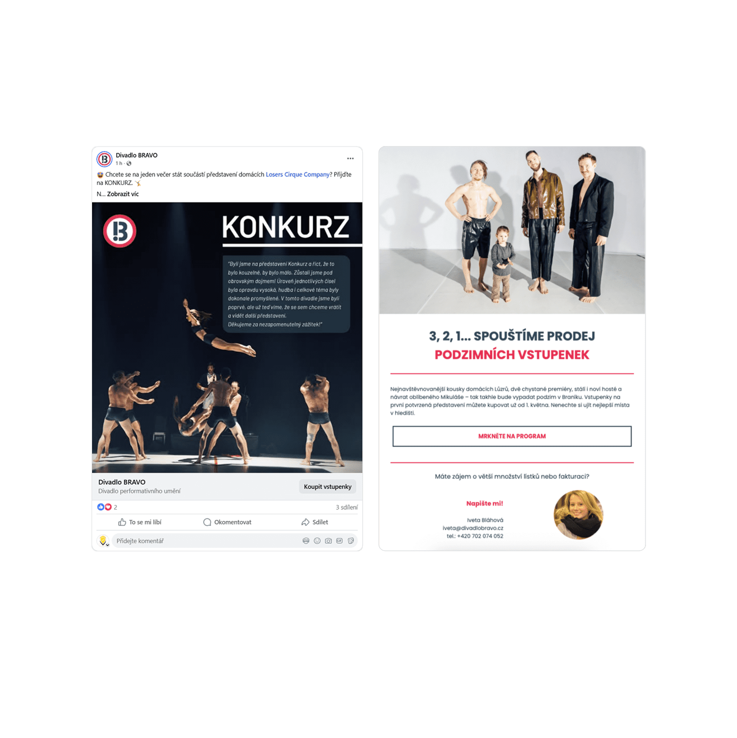 Screenshot webové stránky s reklamou na divadelní představení a prodej vstupenek.