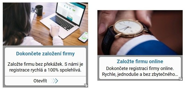 Reklamní bannery pro online založení firmy, osoba u notebooku a muž kontrolující hodinky, zaměřené na rychlou registraci.