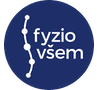 Logo FyzioV&scaron;em na modr&eacute;m pozad&iacute; s b&iacute;l&yacute;m textem a grafick&yacute;m prvkem p&aacute;teře.