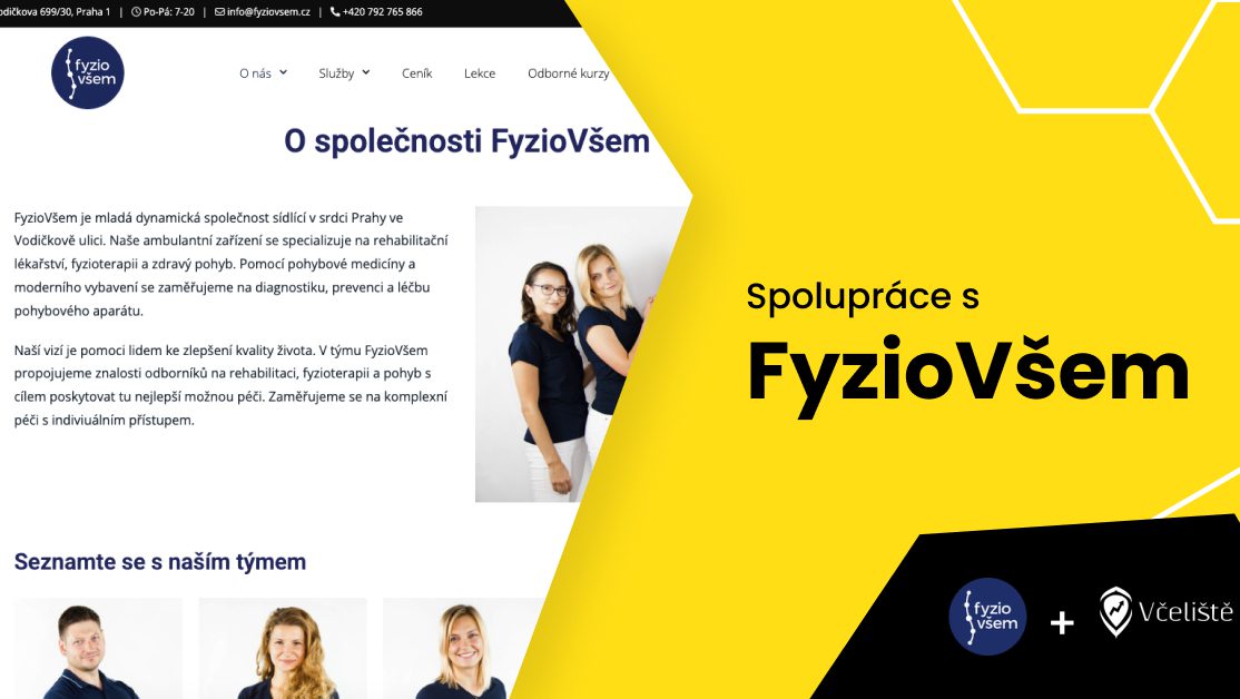 Skupina pěti profesion&aacute;lů z FyzioV&scaron;em p&oacute;zuje na fotografii. Obr&aacute;zek je souč&aacute;st&iacute; str&aacute;nky o společnosti FyzioV&scaron;em a zobrazuje t&yacute;m, kter&yacute; se zaměřuje na rehabilitaci a pohybovou medic&iacute;nu.