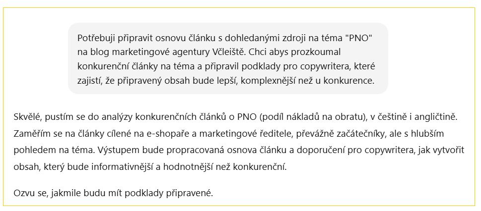 Obrázek ukazuje textový prompt, kde uživatel žádá o přípravu osnovy článku na téma ‚PNO‘ pro blog marketingové agentury Včeliště. Uživatel požaduje analýzu konkurenčních článků na toto téma a přípravu podkladů pro copywritera, aby vytvořil lepší a komplexnější obsah než konkurence.