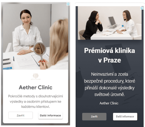 "Obrázek zobrazuje dvě mobilní karty s informacemi o Aether Clinic. Na levé kartě je lékař s pacientem, kteří diskutují o léčbě, a text ‚Aether Clinic – Pokročilé metody s dlouhotrvajícími výsledky a osobním přístupem‘. Na pravé kartě je text ‚Prémiová klinika v Praze‘ a popis neinvazivních a bezpečných procedur s cílem dosáhnout vynikajících výsledků.