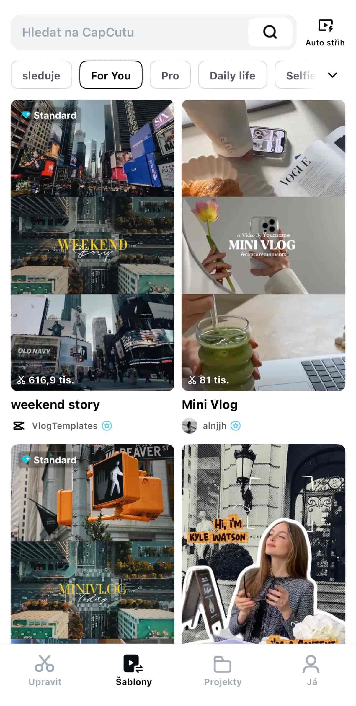 Screenshot mobilního telefonu s otevřenou aplikací capcut, ukazující různé šablony pro střih videa.
