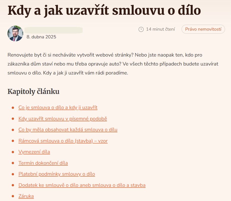 Ukázka článku o uzavření smlouvy o dílo, který nabízí informace o tom, co je smlouva o dílo, jak ji uzavřít, a co by měla obsahovat, včetně vzoru a podmínek.