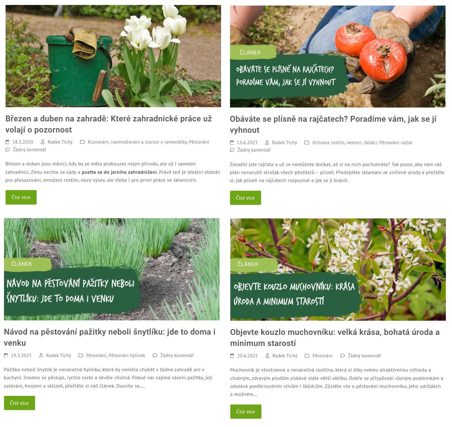 Ukázka článků o zahradničení, obsahující různé tipy na pěstování rostlin, ochranu proti škůdcům a péči o zahradu.